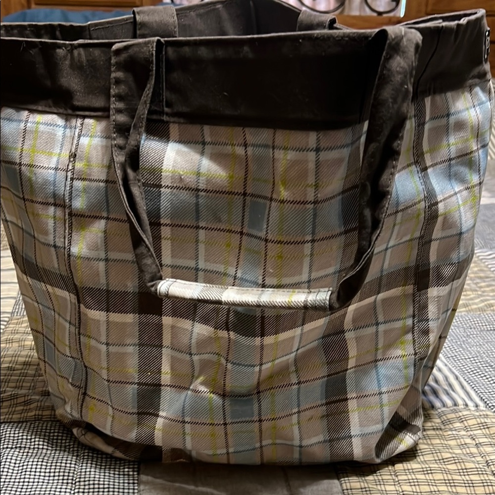 Thirty One Classic Brown and Blue Plaid Tote Bag